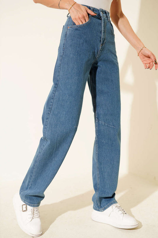 بنطال جينز واسع الساقين مع مشبك حزام، أزرق