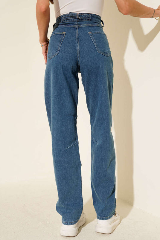 بنطال جينز واسع الساقين مع مشبك حزام، أزرق