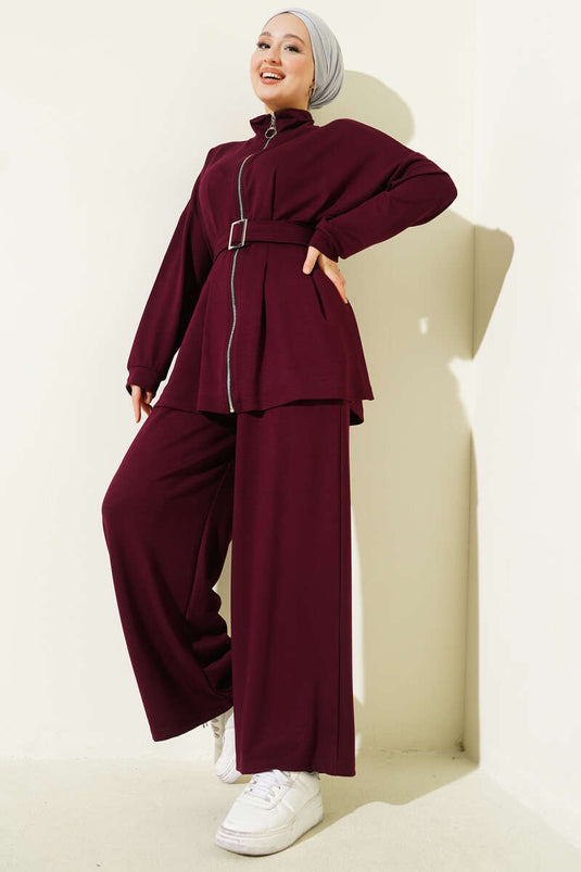 Belt Buckle Dart Two Piece Suit Burgundy