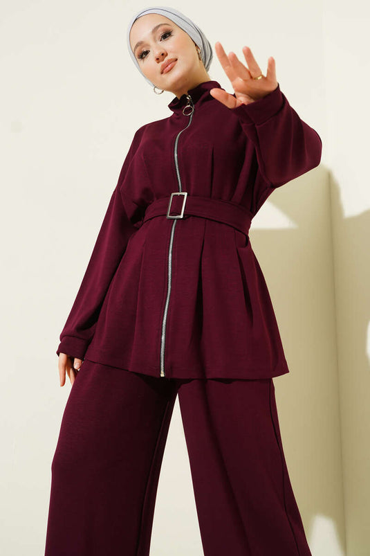 Belt Buckle Dart Two Piece Suit Burgundy