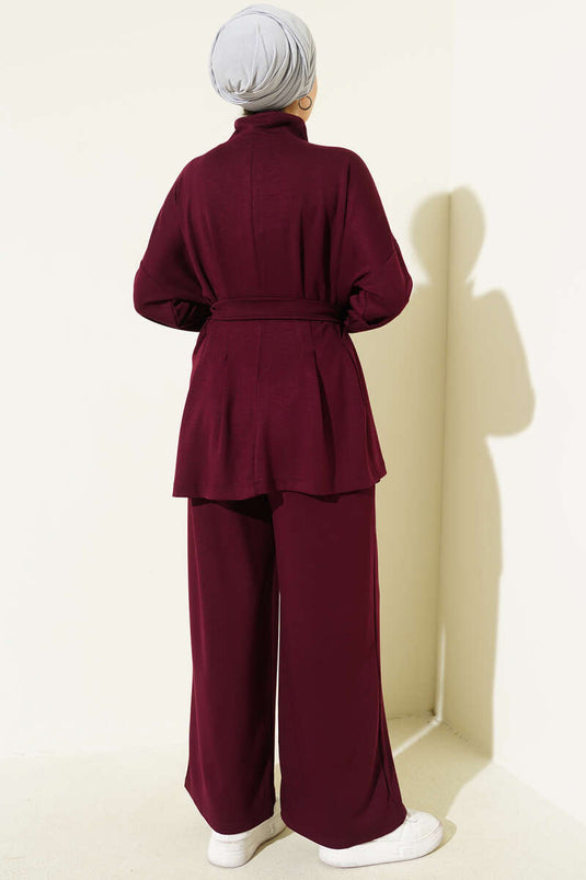 Belt Buckle Dart Two Piece Suit Burgundy