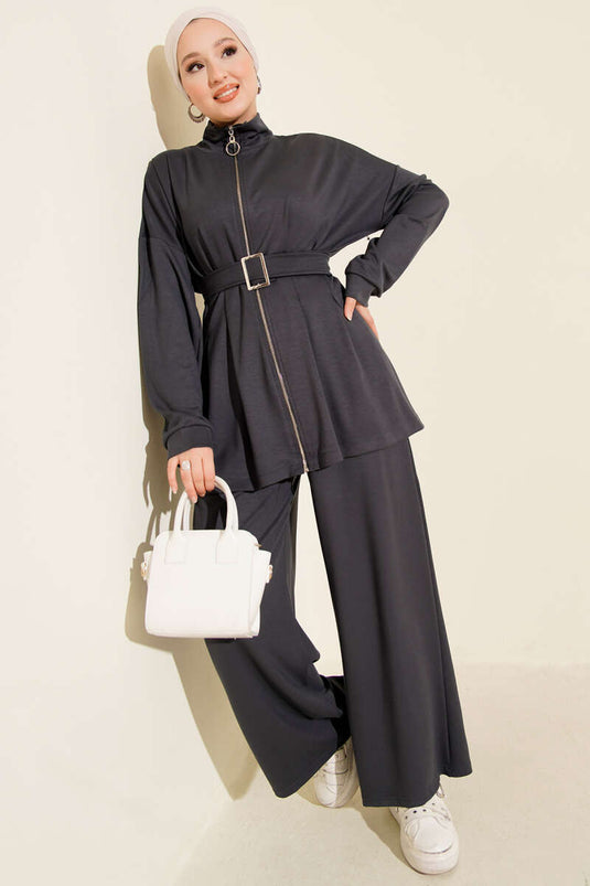 Belt Buckle Dart Two Piece Suit Smoke