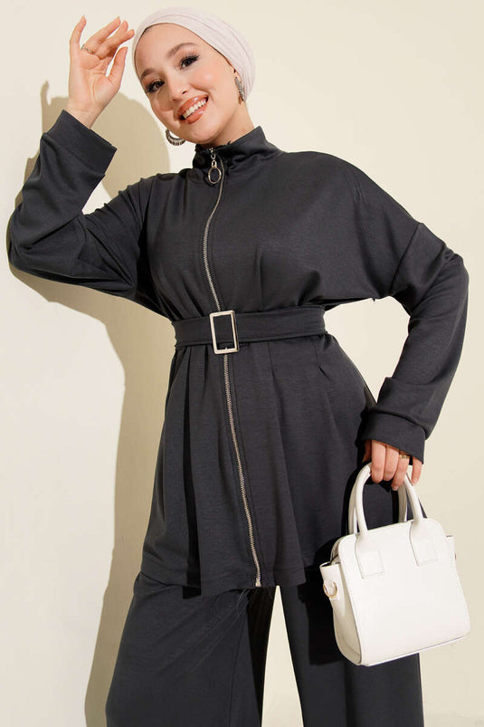 Belt Buckle Dart Two Piece Suit Smoke