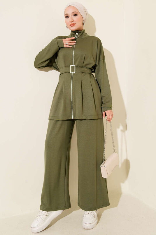 Belt Buckle Dart Two Piece Suit Khaki