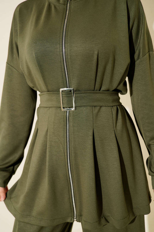 Belt Buckle Dart Two Piece Suit Khaki