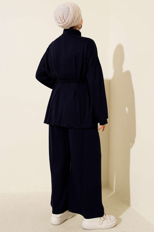 Belt Buckle Dart Two Piece Suit Navy Blue