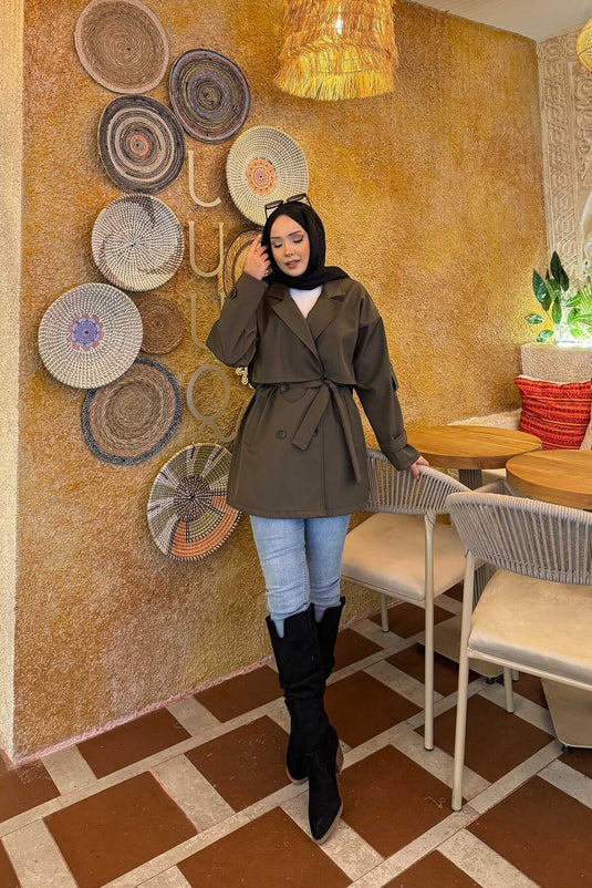 Belted Epaulette Detailed Premium Trench Coat Khaki