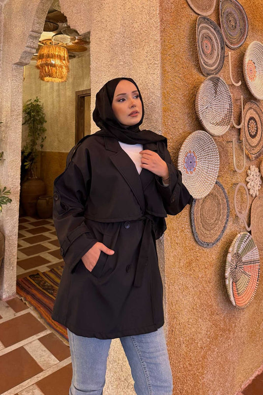 Trench-coat haut de gamme noir à épaulettes et ceinture