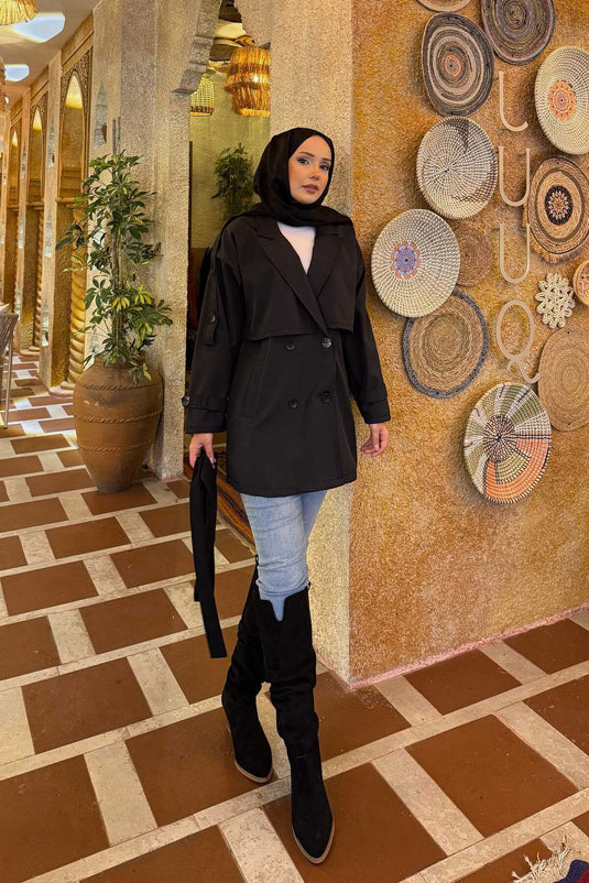 Trench-coat haut de gamme noir à épaulettes et ceinture