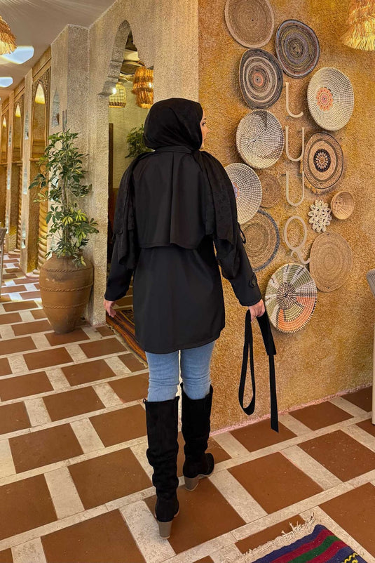 Trench-coat haut de gamme noir à épaulettes et ceinture