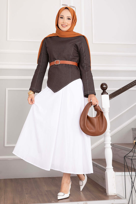 Kemerli Asymmetrische Denim Blouse En Rok Set - Koffie