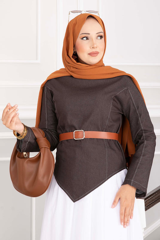 Kemerli Asymmetrische Denim Blouse En Rok Set - Koffie