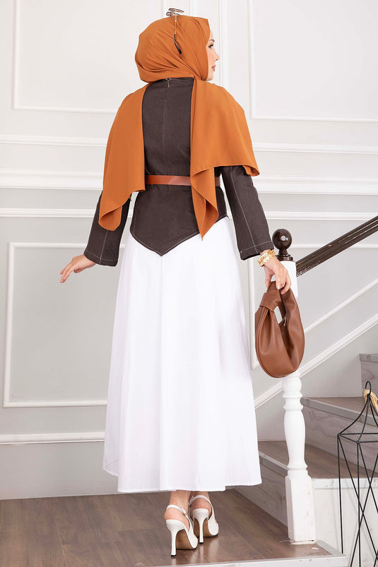 Kemerli Asymmetrische Denim Blouse En Rok Set - Koffie