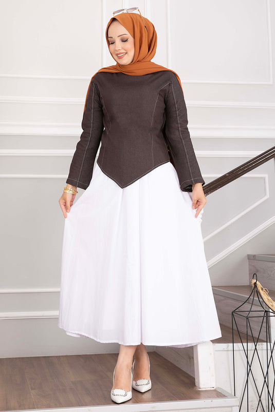 Kemerli Asymmetrische Denim Blouse En Rok Set - Koffie