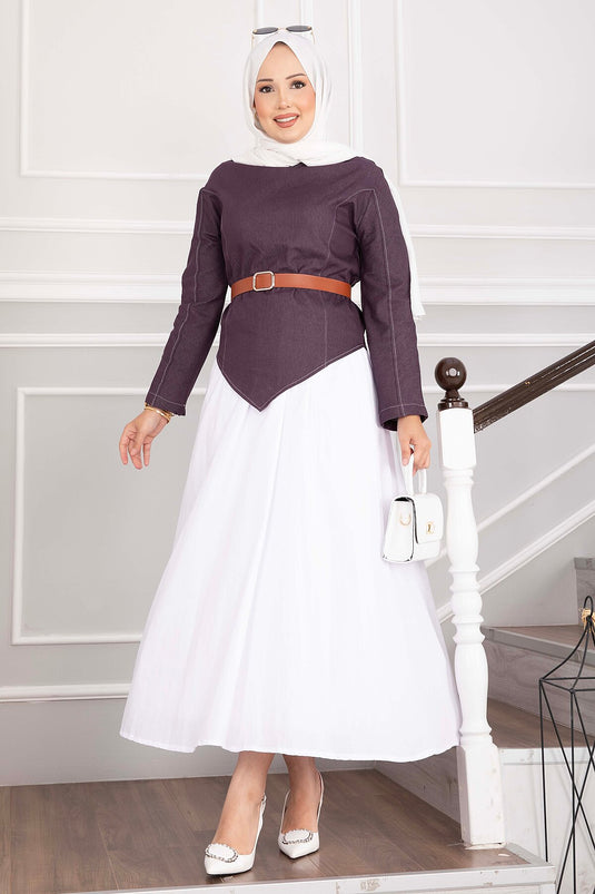 Belted Asymmetrical Denim Blouse And Skirt Set In Plum