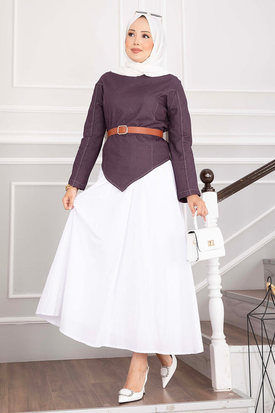 Belted Asymmetrical Denim Blouse And Skirt Set In Plum
