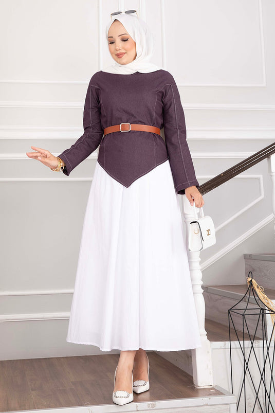 Belted Asymmetrical Denim Blouse And Skirt Set In Plum