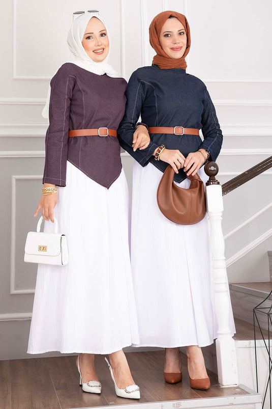 Belted Asymmetrical Denim Blouse And Skirt Set In Plum