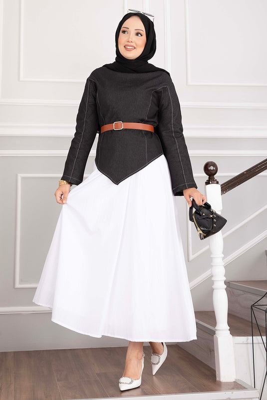 Belted Asymmetrical Denim Blouse And Skirt Set
