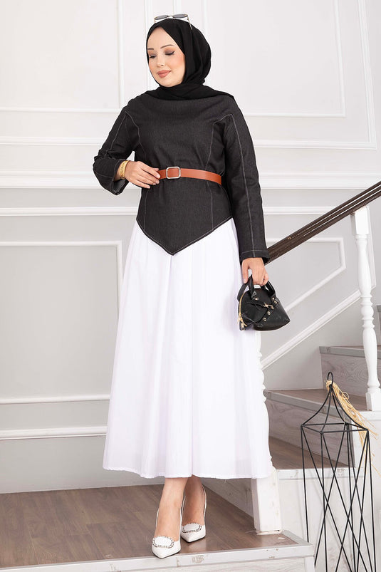 Belted Asymmetrical Denim Blouse And Skirt Set