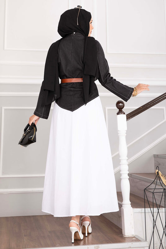Belted Asymmetrical Denim Blouse And Skirt Set