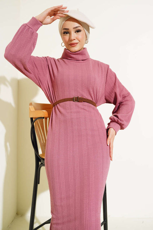 Robe Col Roulé Ceinturée Dusty Rose