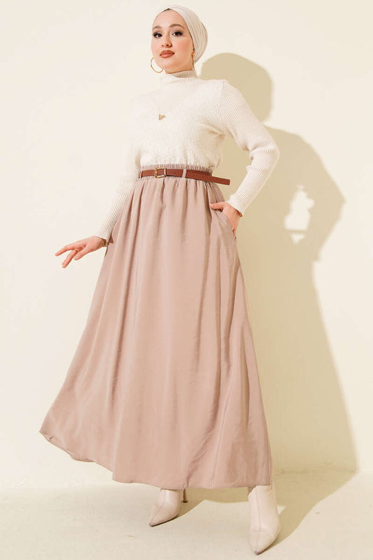 Jupe en Tencel beige avec ceinture élastique à boucle