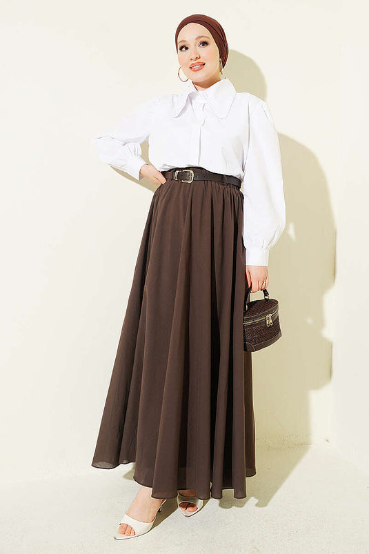 Gonna In Chiffon Elasticizzato Con Cintura Cinturata In Taupe Caldo