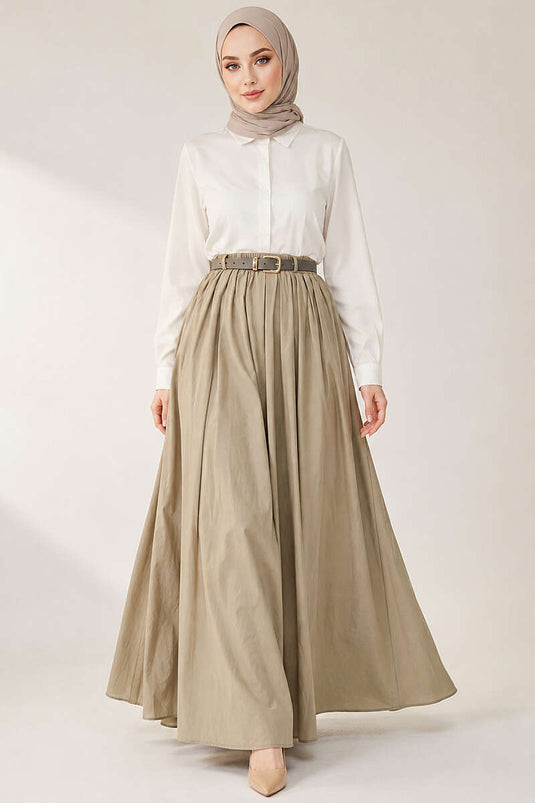 Kemerli Bel Lastikli Vual Etek Haki