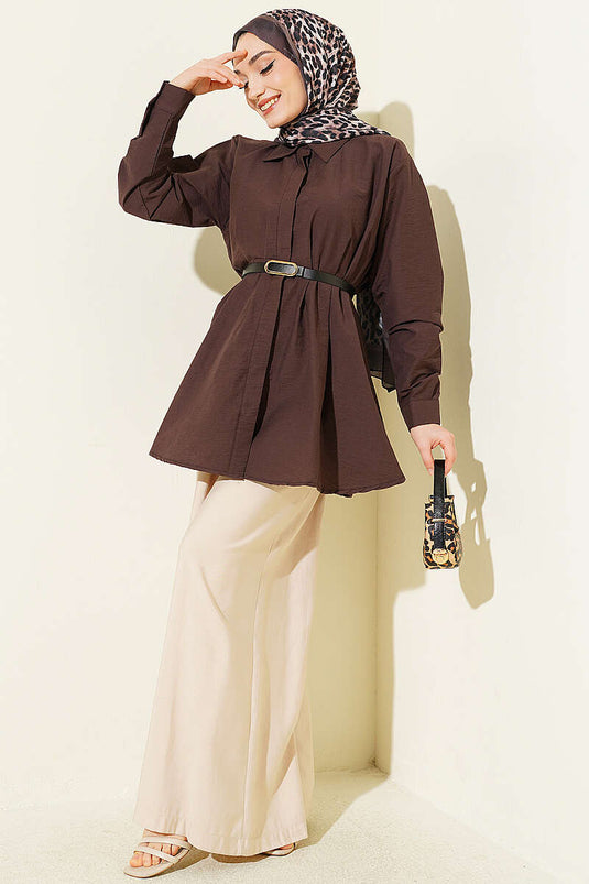 Belted Waist Pleated Parachute Shirt Brown