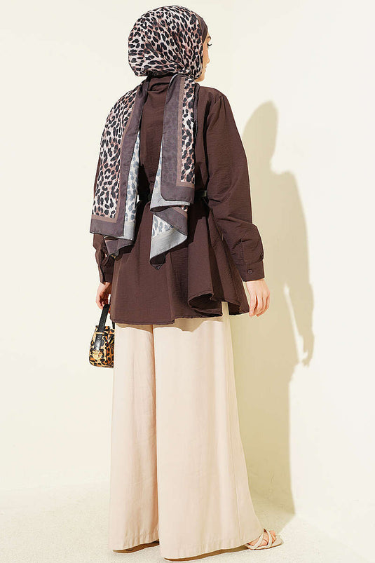 Belted Waist Pleated Parachute Shirt Brown