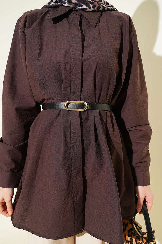 Belted Waist Pleated Parachute Shirt Brown