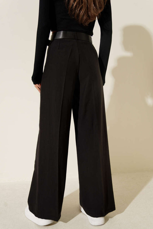 Black Wide-Leg Trousers with Belted Waist and Pleats