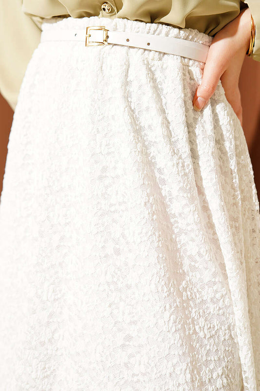 White Lace Skirt with Elastic Waist and Belt