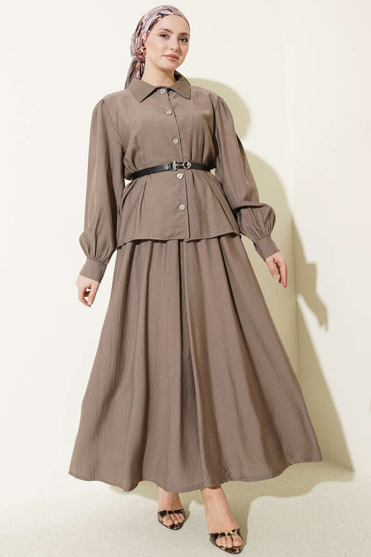 Two-Piece Set with Belted Waist and Pleated Skirt in Mink