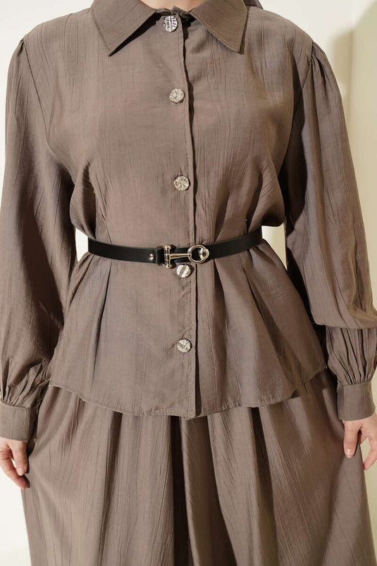 Two-Piece Set with Belted Waist and Pleated Skirt in Mink
