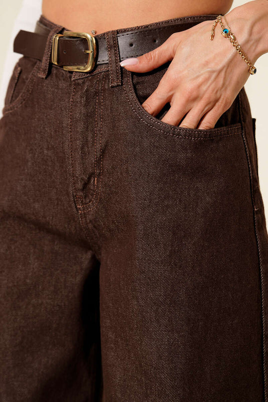 Pantaloni Jeans Larghi con Cintura Marrone