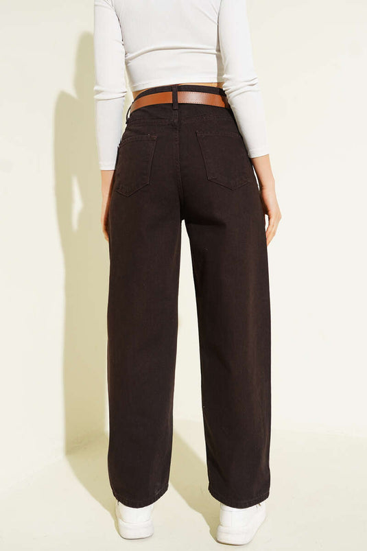 Belted Wide-Leg Denim Trousers Brown