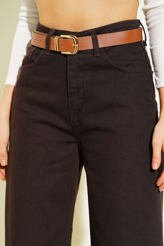 Belted Wide-Leg Denim Trousers Brown
