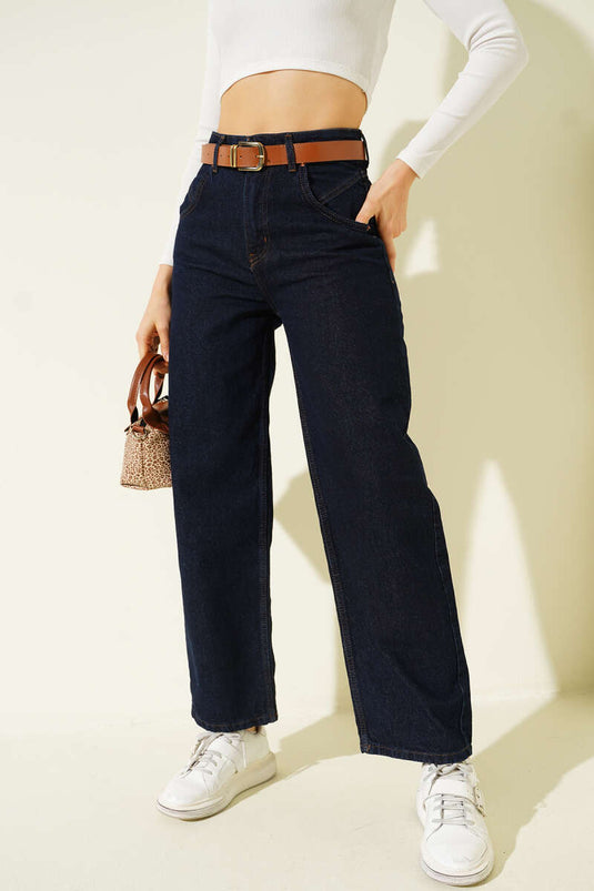 Belted Wide-Leg Denim Trousers Navy Blue
