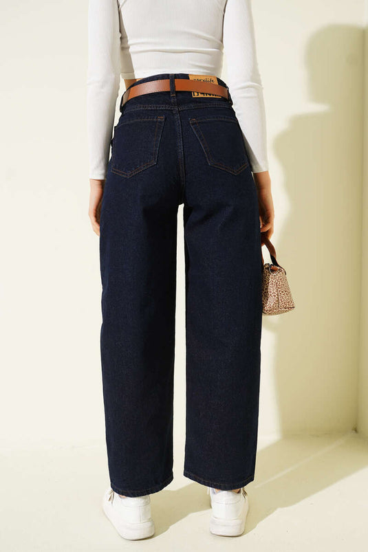 Belted Wide-Leg Denim Trousers Navy Blue