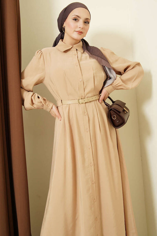 Belted Full-Length Buttoned Modal Dress Camel