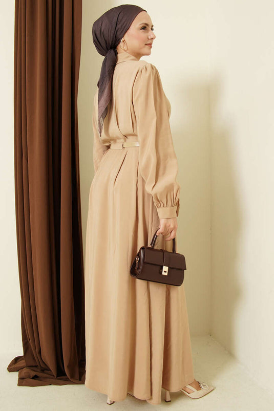 Belted Full-Length Buttoned Modal Dress Camel