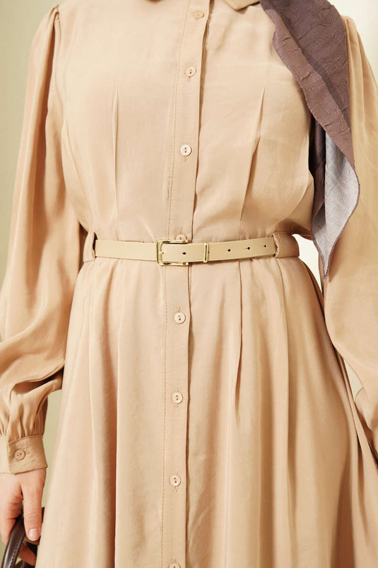 Belted Full-Length Buttoned Modal Dress Camel