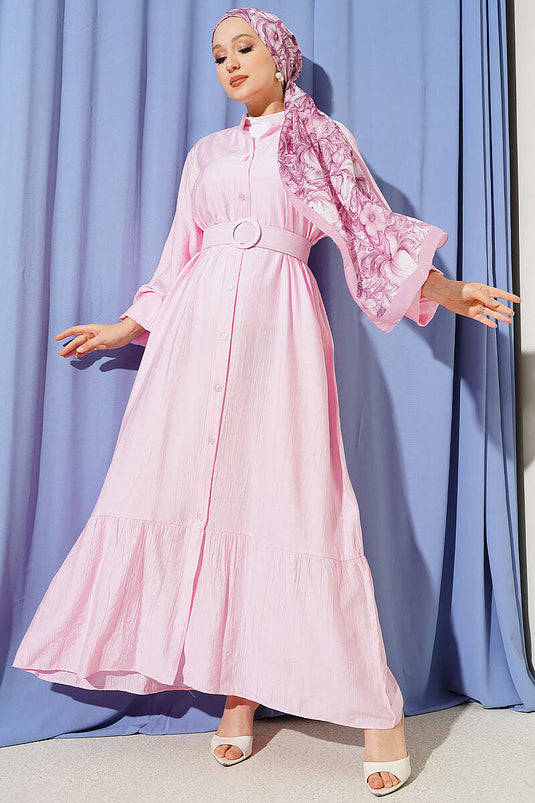 Kemerli Boydan Düğmeli Volanlı Elbise Pembe