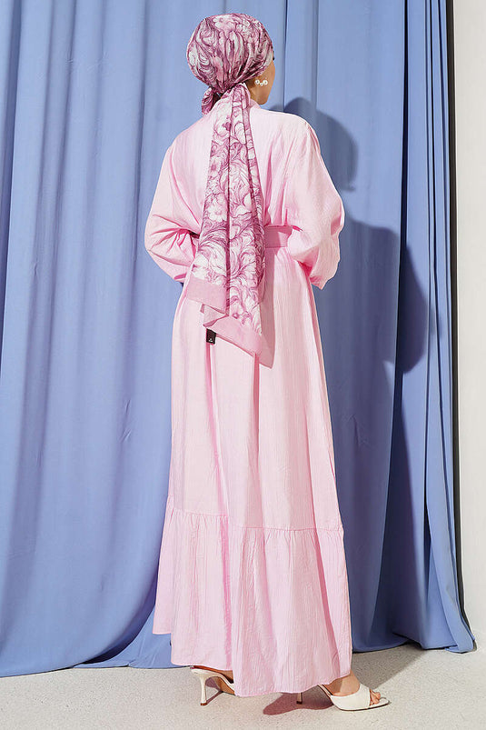 Kemerli Boydan Düğmeli Volanlı Elbise Pembe