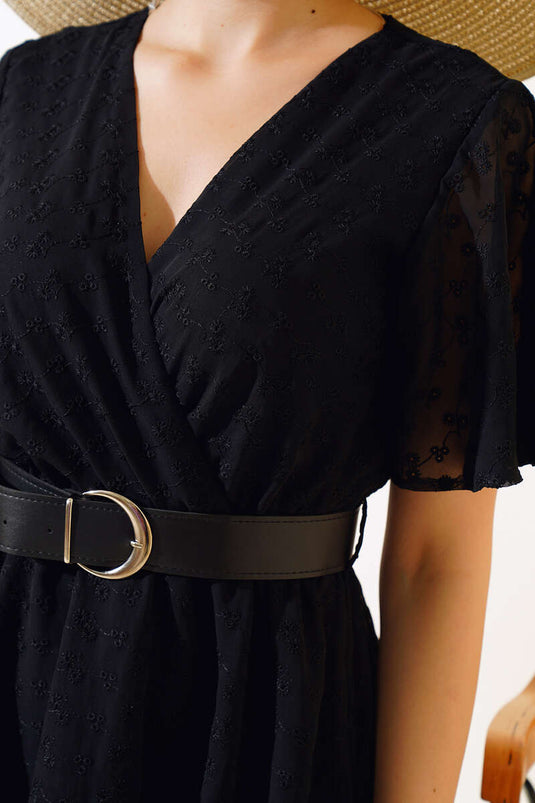 Belted Embroidered Dress Black