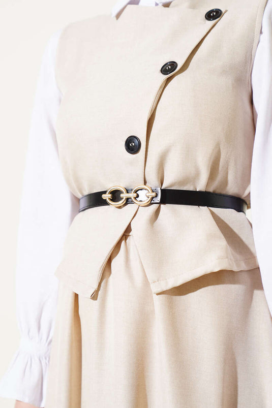 Tailleur-jupe gilet boutonné croisé avec ceinture beige