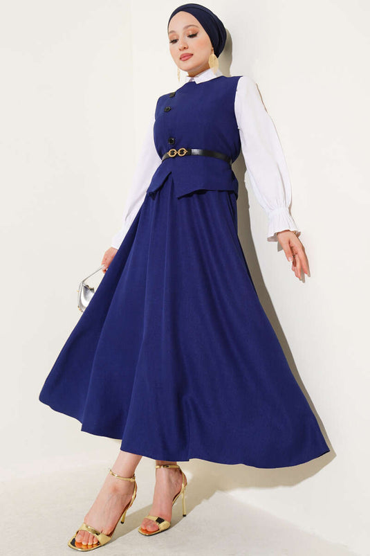 Belted, Cross-Buttoned Vest and Skirt Suit, Navy Blue