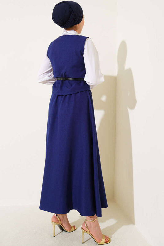 Belted, Cross-Buttoned Vest and Skirt Suit, Navy Blue